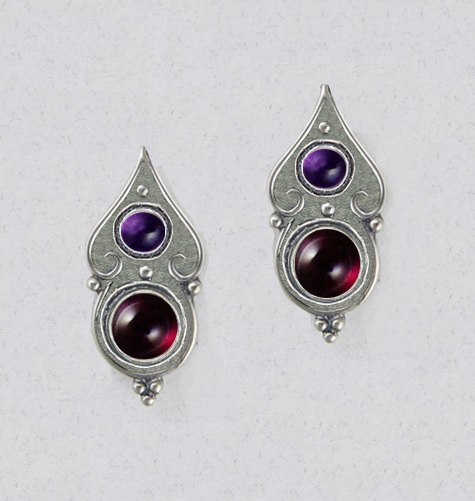 Sterling Silver Gothic Look Post Stud Earrings With Garnet And Amethyst